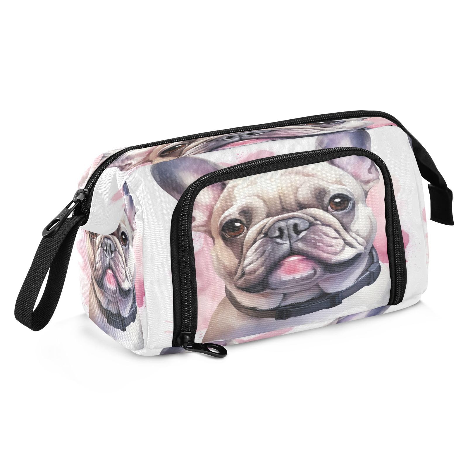 Emelivor French Smile Bulldog Pencil Case Large Capacity Pencil Pouch Bag with Compartmens Pen Bag Case Portable Stationery Bag Pencil Organizer for School Office Men Women Adults