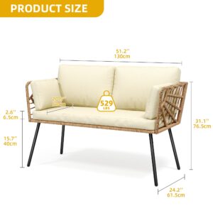 DWVO Patio Loveseat, All-Weather Wicker Rattan Patio Sofa for Balcony, Backyard, Pool, Porch, Deck, Outdoor Sectional Furniture with Cushions (Beige)