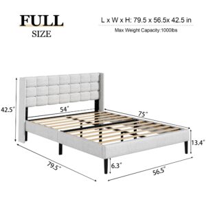 CXVX Full Size Platform Bed Frame with Upholstered Headboard and Wingback, Mattress Foundation with Wooden Slat Support, No Box Spring Needed, Easy Assembly, Noise Free, Light Grey