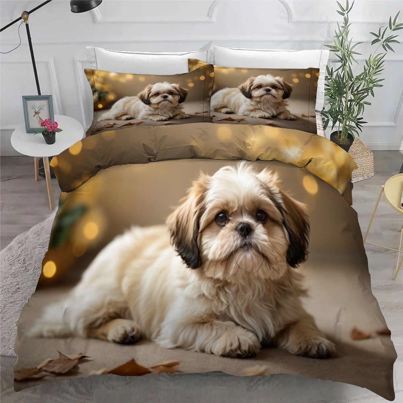 Shih Tzu Duvet Cover Queen Pets Duvet Covers Bedding Set 3 Pieces Textured Soft Microfiber Comforter Cover 90"x90" and 2 Pillow Shams, with Zipper Closure and Ties