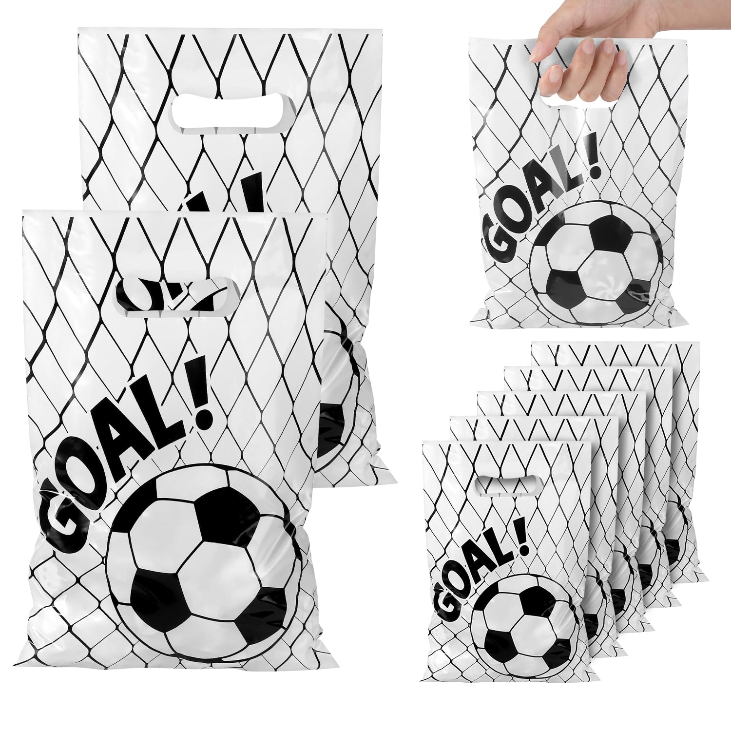 PEUTIER 50pcs Soccer Gift Bags, Plastic Soccer Goodie Goody Treat Snack Candy Bags Soccer Present Party Favor Bags Soccer Party Bags for Team Kids Teens Games Sports Events Supplies (White)