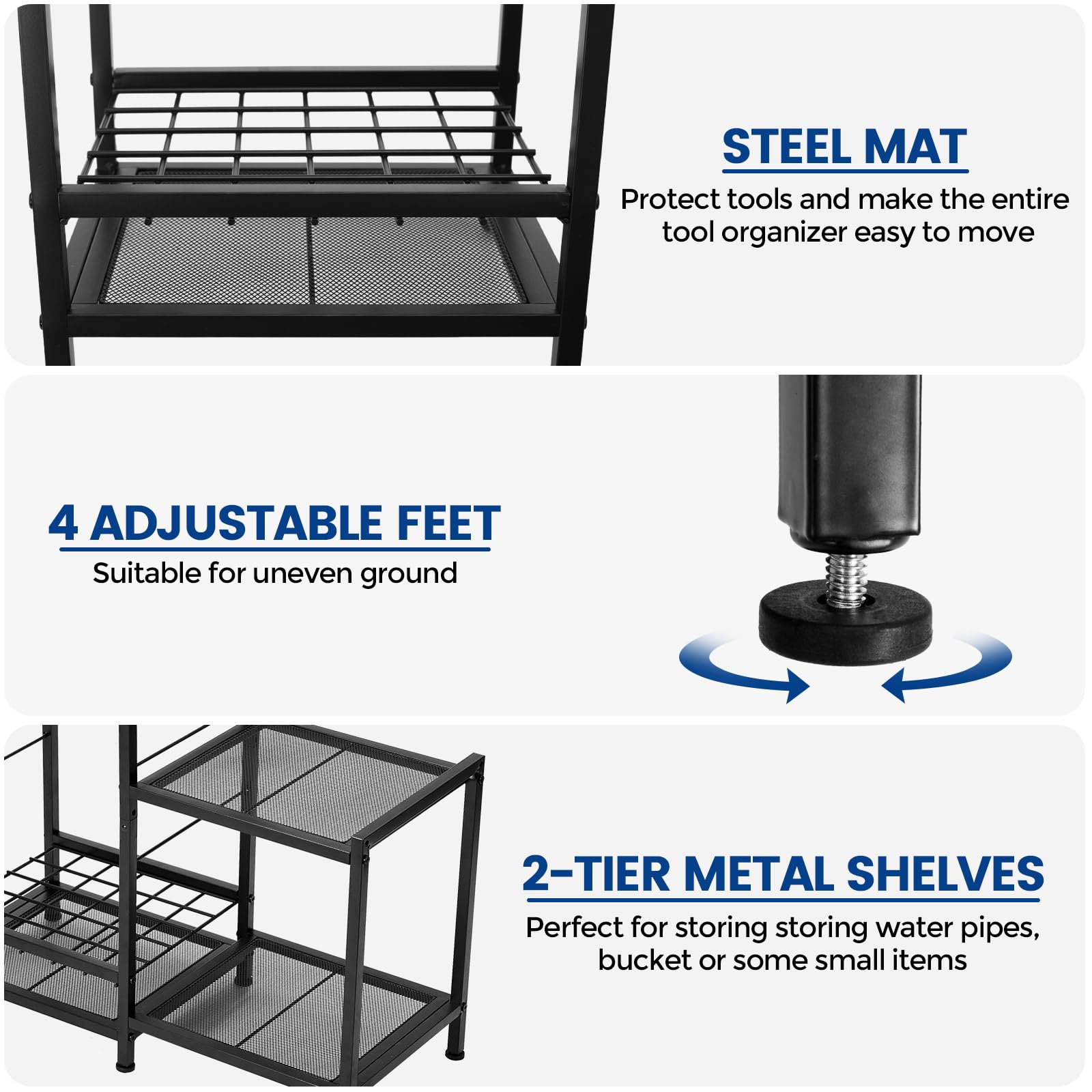 Garden Tool Organizer for Garage, Yard Tools Organizer with 2-tier Metal Shelve, Garage Tool Rack Hold Up to 50 Tools, Garden Tool Storage, Heavy Duty Steel, Yard Tool Holder for Garage, Shed, Outdoor