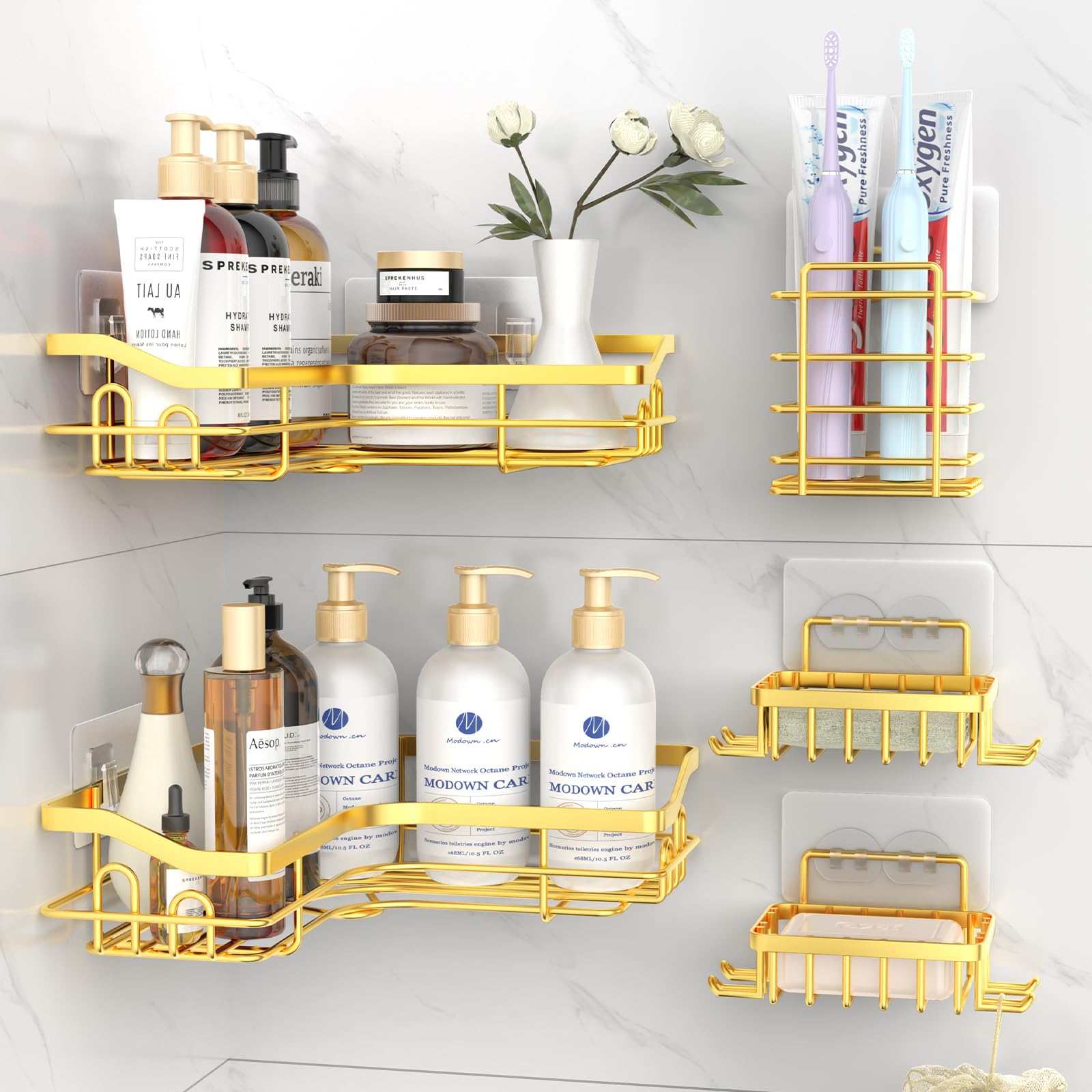 Hsiohe Gold Corner Shower Caddy, Adhesive Shower Organizer for Bathroom Storage, Rustproof Stainless Steel Gold Shower Shelves, No Drilling, Space-Saving Shower Rack Shelf for Inside Shower, 5 Pack