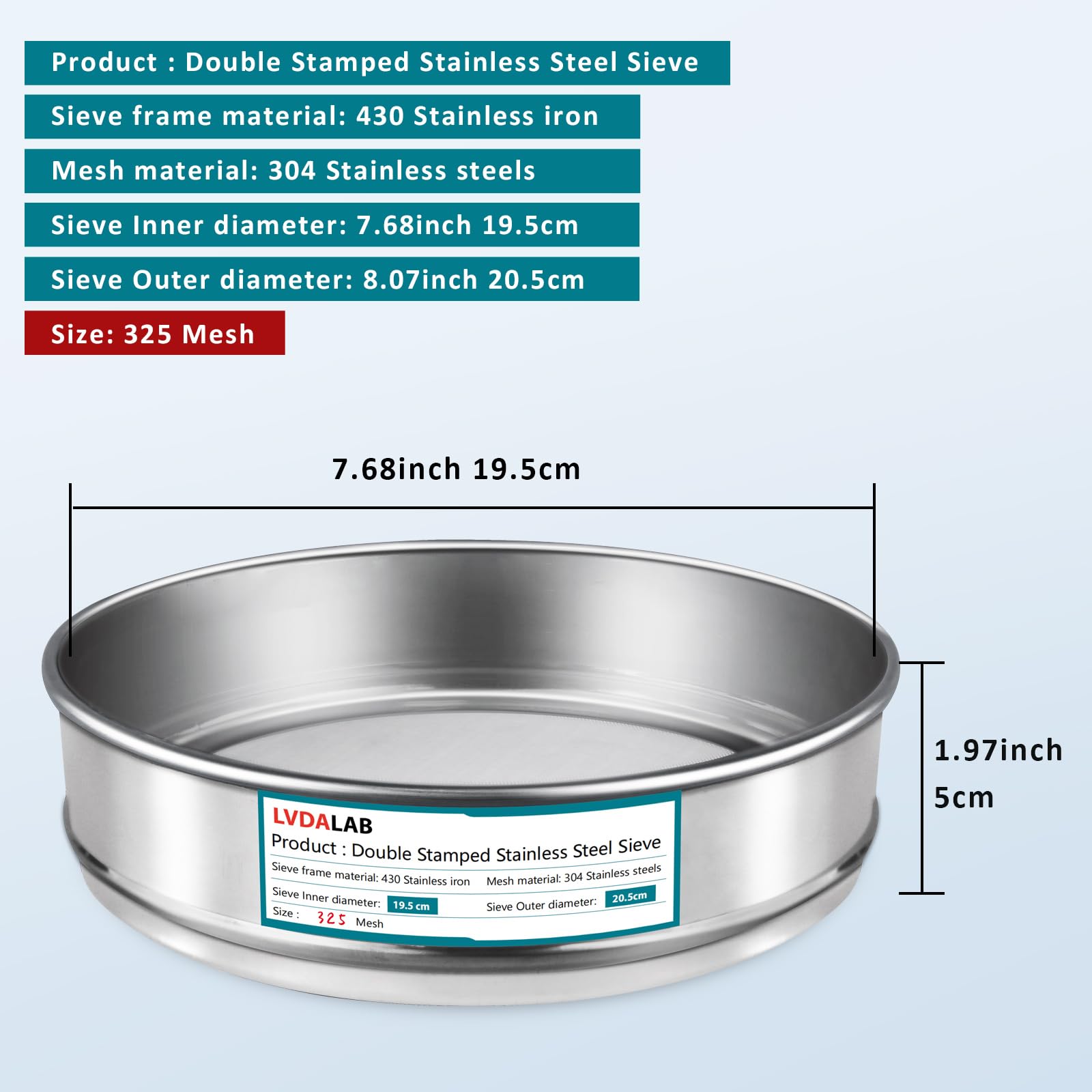 LVDALAB 304 Stainless Steel Mesh Lab Sieve, 325 Mesh (0.045mm) Aperture Test Sieve, 7.9Inch(20cm) Diameter Economy Standard Analysis Sample Test Sieves for Industrial Laboratory Homes