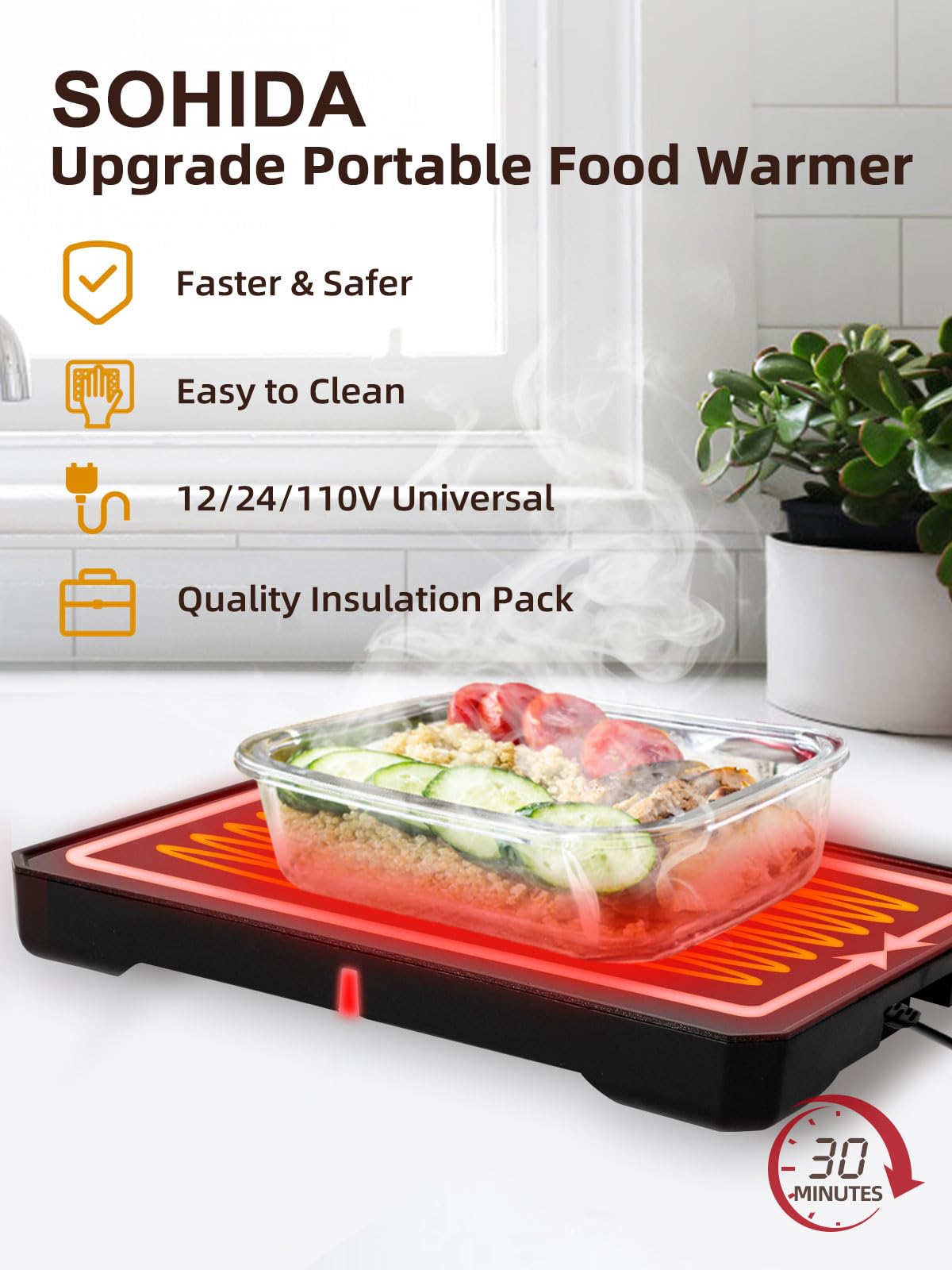 SOHIDA Portable Heated Lunch Box, 12V/24V/110V Conduction Heating Portable Food Warmer for Adults, Mini Portable Microwave 9.06"x6.61"x0.98" with Carry Bag, Easy to Use Car Food Warmer