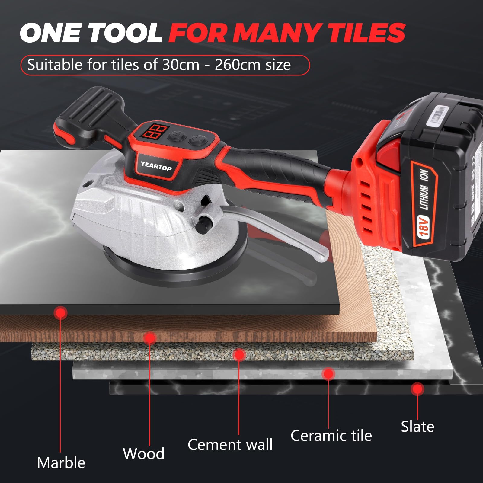 Cordless Tile Vibration Tools for Milwaukee 18V Battery, Yeartop Tiler Vibratior Leveling Machine Tile Installation Tool with 8 Adjustable Speed,Suction Cup,Digital Display (Battery Not Include)