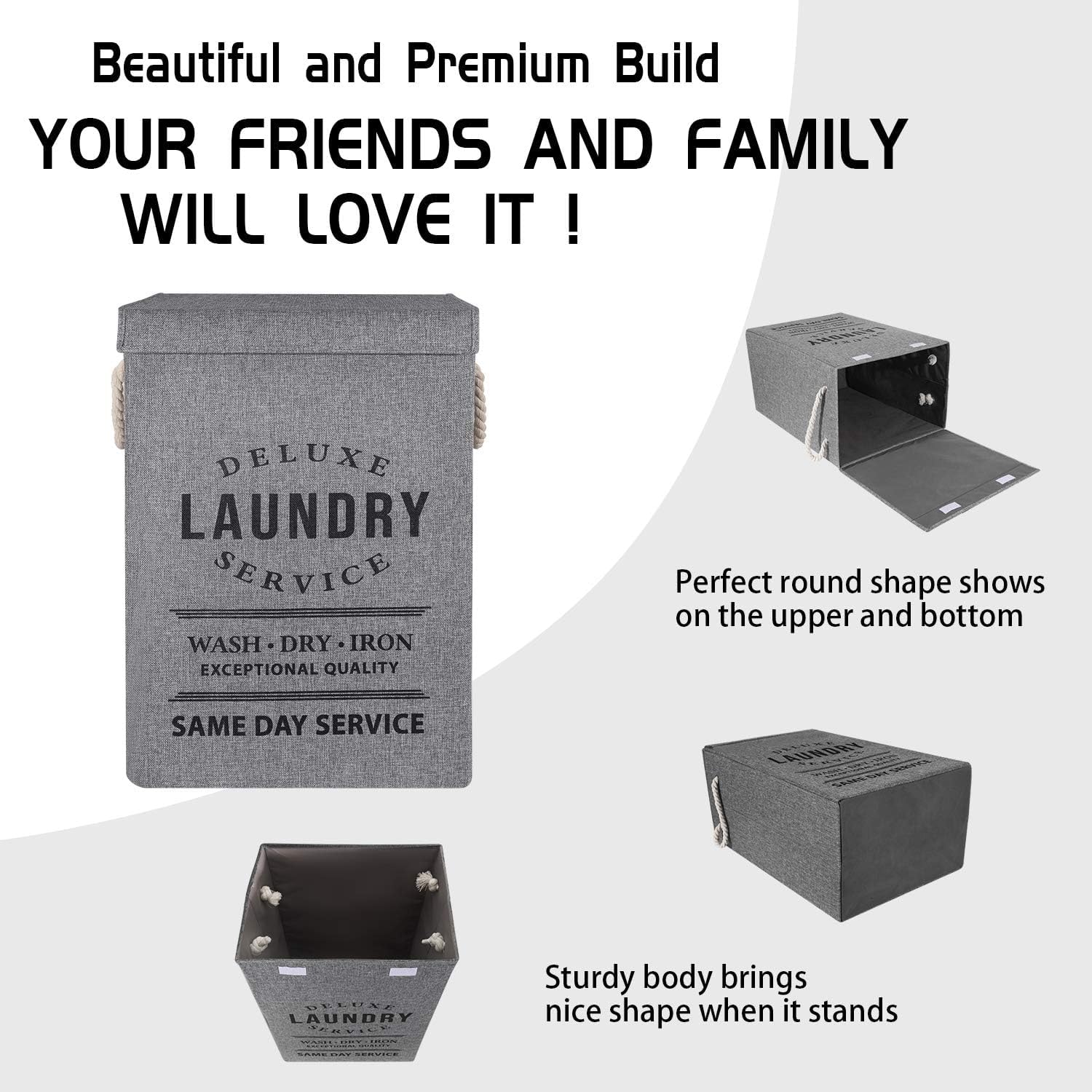 JMBNH Laundry Basket 84L Large Laundry Hamper with Lid,Foldable and Waterproof Laundry Bag with Padded Handles, Clothes Hamper Stands Up Well, Collapsible Laundry Basket Easy Storage-Gray