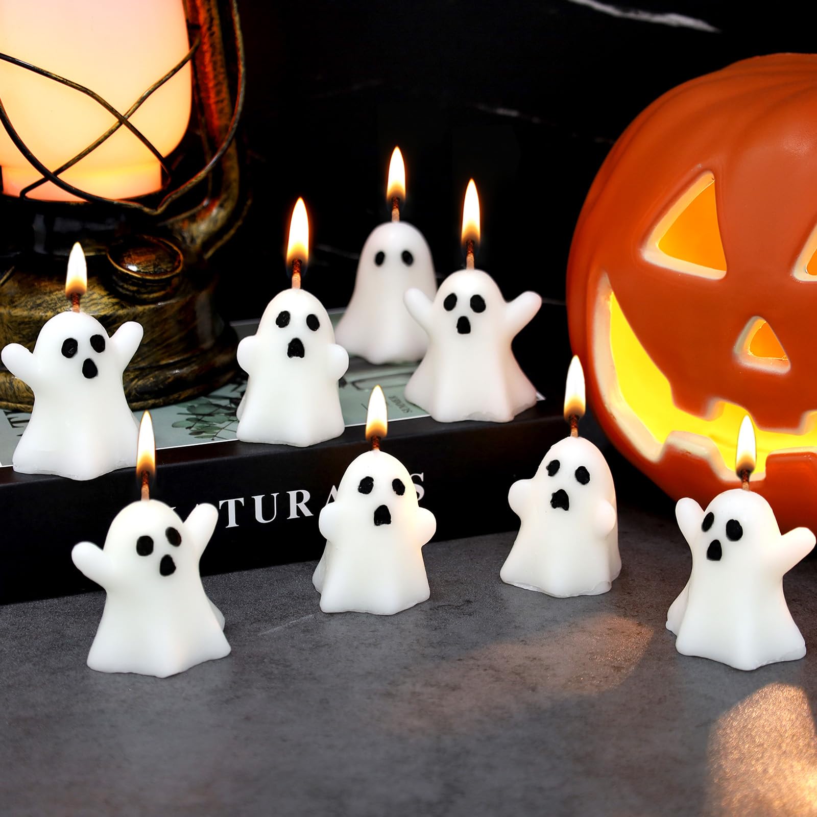 12 PCS Halloween Ghost Candles Spooky Candles White Floating Candles Halloween Decorative Tabletop Candle White Dripless Wax Burning Candles for Halloween Party