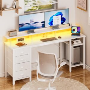 Furologee 61 Inch Desk with 4 Drawers, Computer Desk with Power Outlets and LED Lights, Office Desk with Long Monitor Stand, Large Gaming Desk with Shelf for Home Office/Bedroom/White