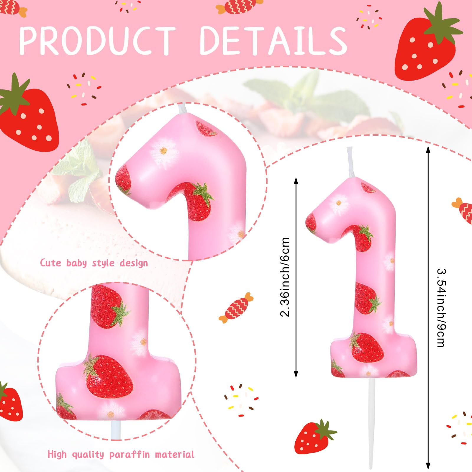 Conelist Berry 1st Birthday Number Candle Pink Cake Topper with Strawberry Happy Birthday Strawberry Cake Candle for Fruit Baby Shower Kids 1st Strawberry Theme Birthday Cake Decoration for Party