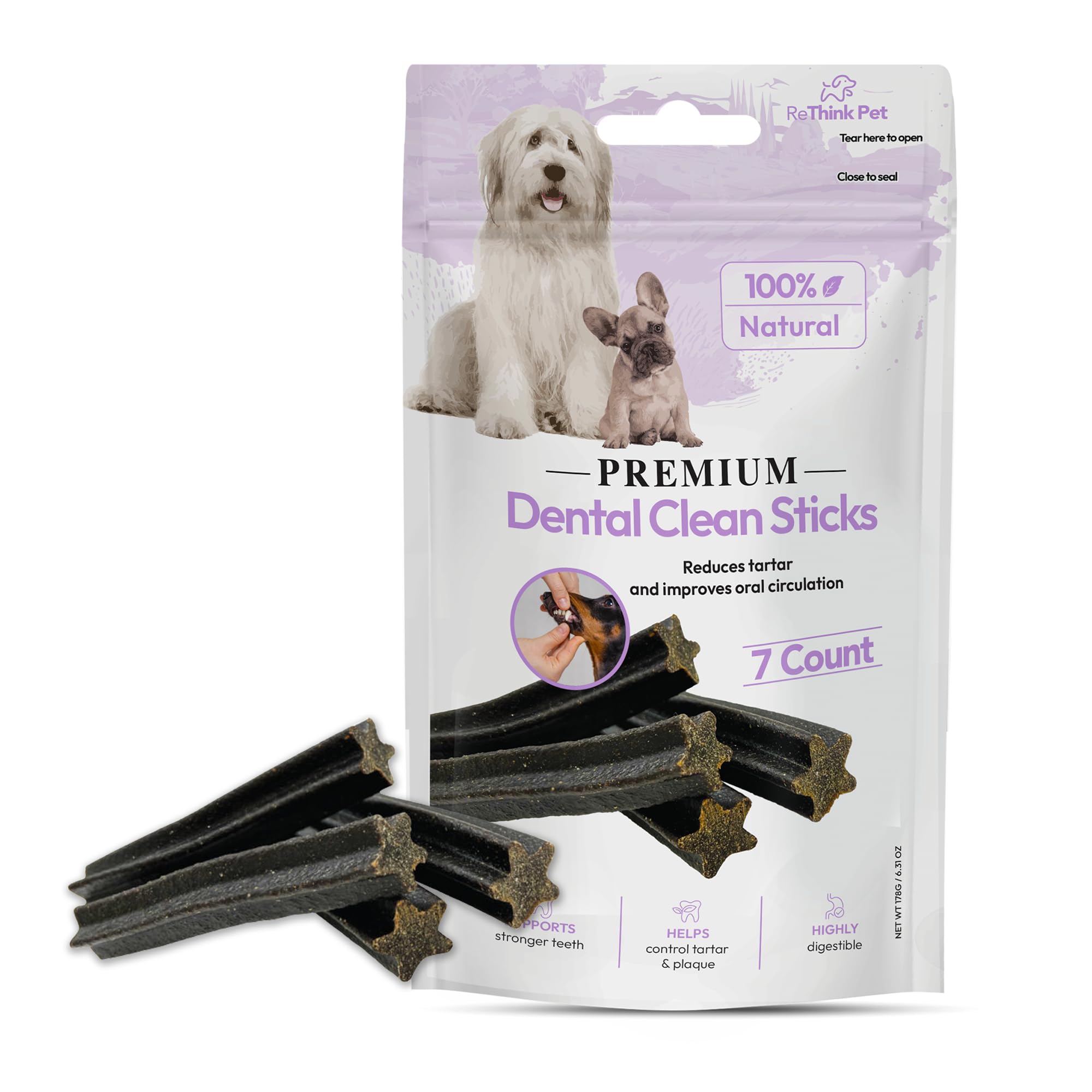 ReThink Pet 7 Pcs Premium Dental Sticks, Dog Teeth Cleaning Chews, Dental Chews Refreshes Dog Breath Dental Treats for Dogs, Dog Teeth Cleaning Treats, Dental Care for Small Dogs, Dental Chews