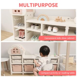 UNICOO Kids Cream House Storage Organizer with 3-Tier Shelves, Storage Rack & Bins for Nursery, Playroom, Study Room (Cream & Pink)