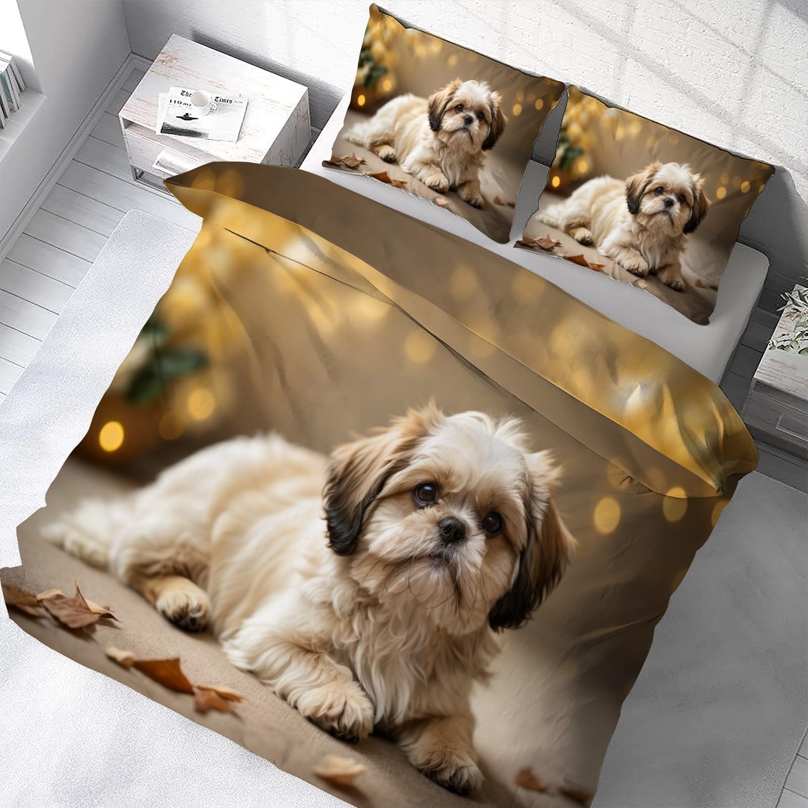 Shih Tzu Duvet Cover Queen Pets Duvet Covers Bedding Set 3 Pieces Textured Soft Microfiber Comforter Cover 90"x90" and 2 Pillow Shams, with Zipper Closure and Ties