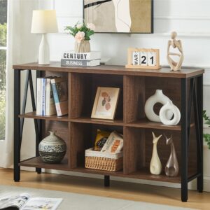 homissue 6 cube storage organizer shelf, rustic short wide bookshelf with cube storage, industrial low cube bookshelf with 3 tier shelf, horizontal bookcase for living room, office, brown