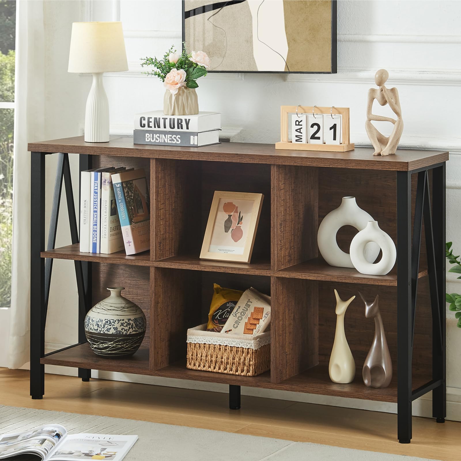 HOMISSUE 6 Cube Storage Organizer Shelf, Rustic Short Wide Bookshelf with Cube Storage, Industrial Low Cube Bookshelf with 3 Tier Shelf, Horizontal Bookcase for Living Room, Office, Brown