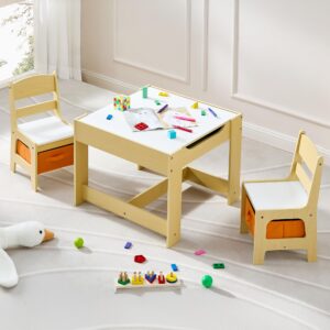 doreroom kids table and 2 chair set, wooden activity table with storage drawer, 2 in 1 detachable tabletop, toddler table and chairs set for drawing, reading, crafts, play