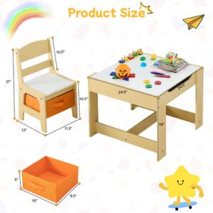 DOREROOM Kids Table and 2 Chair Set, Wooden Activity Table with Storage Drawer, 2 in 1 Detachable Tabletop, Toddler Table and Chairs Set for Drawing, Reading, Crafts, Play