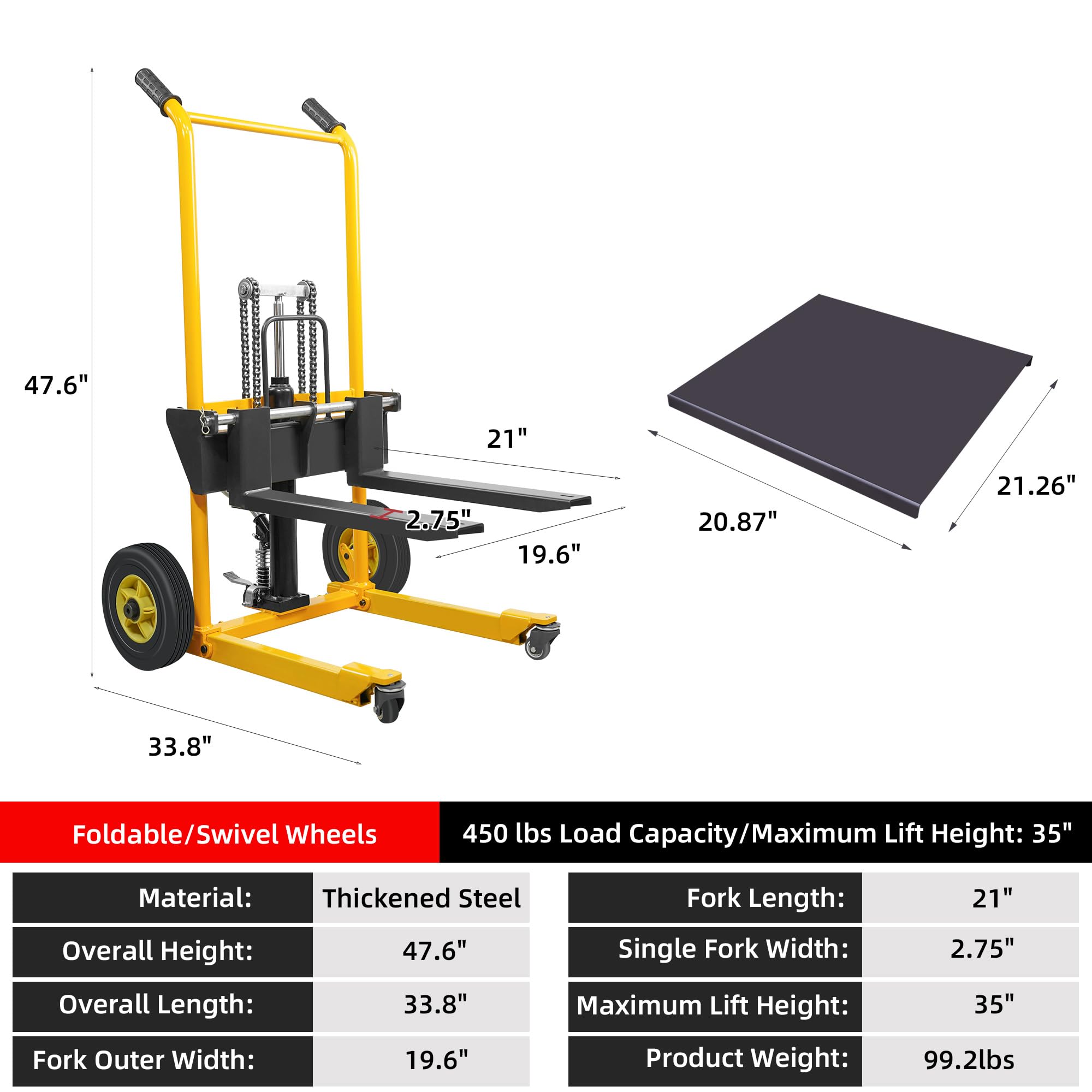 LuminaLiftCure Foldable Hydraulic Material Lift Winch Stacker with Swivel Wheels, 450lbs Pallet Forklift with 35" Lift Height, Pallet Truck Dolly, Pallet Jack Table Cart, Steel Platform Board x 1