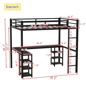 Loft Bed Full Size, Metal Loft Bed Frame with Desk and Storage Shelves, Heavy-Duty Kids Loft Beds with Ladder & L-Shape Desk for Boys Girls Teens, Black