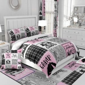 Erosebridal Girls Pink Camper Bedding Set Twin Happy Camping Comforter Cover,Rv Decor for Inside,Camper Accessories for Travel Trailers Duvet Cover,Black Grey Buffalo Plaid Pine Tree Quilt Cover