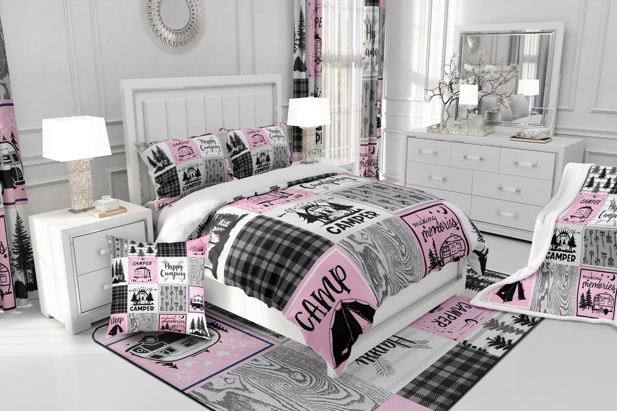 Erosebridal Girls Pink Camper Bedding Set Twin Happy Camping Comforter Cover,Rv Decor for Inside,Camper Accessories for Travel Trailers Duvet Cover,Black Grey Buffalo Plaid Pine Tree Quilt Cover