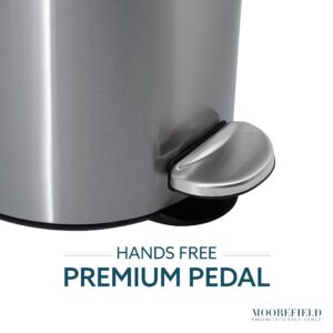 Moorefield Round Soft-Close Step On Bathroom Wastebin, Stainless Steel 1.3 Gallon Trash Can with Premium Pedal and Lid (Brushed Stainless Steel)