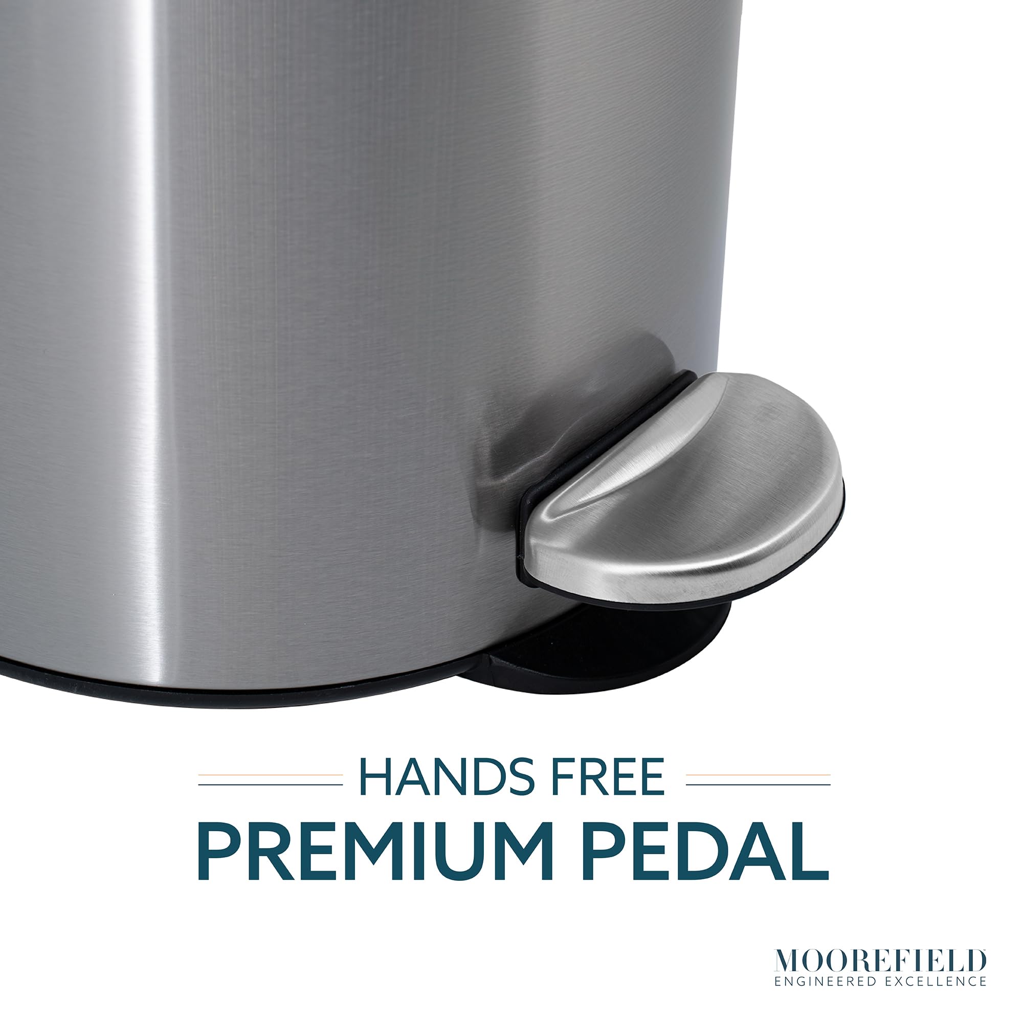 Moorefield Round Soft-Close Step On Bathroom Wastebin, Stainless Steel 1.3 Gallon Trash Can with Premium Pedal and Lid (Brushed Stainless Steel)