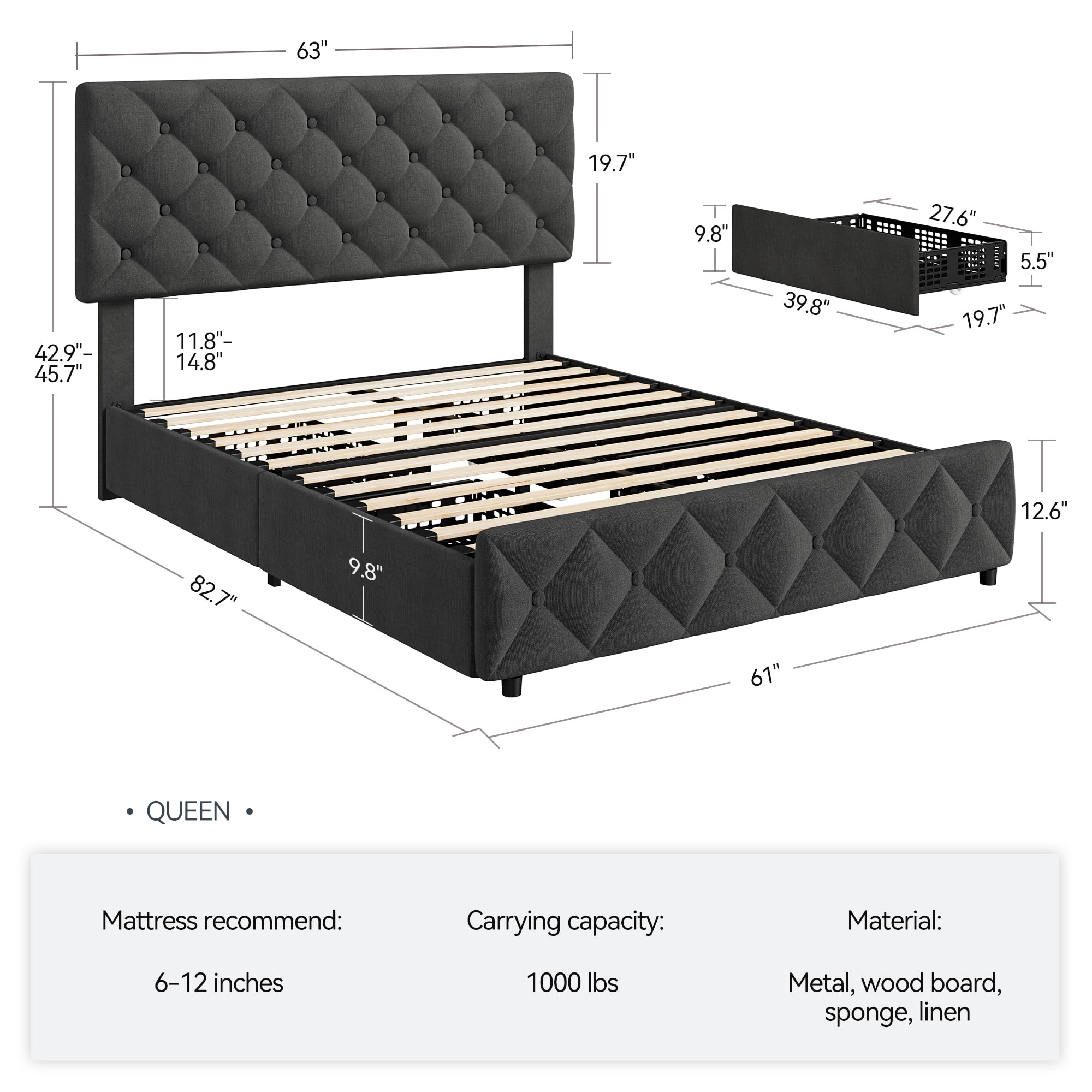 GAOMON Queen Size Bed Frame with 4 Storage Drawers and Headboard, Linen Upholstered Platform Bed Frame with Wooden Slats Support, Diamond Stitched Button Tufted, No Box Spring Needed, Dark Grey