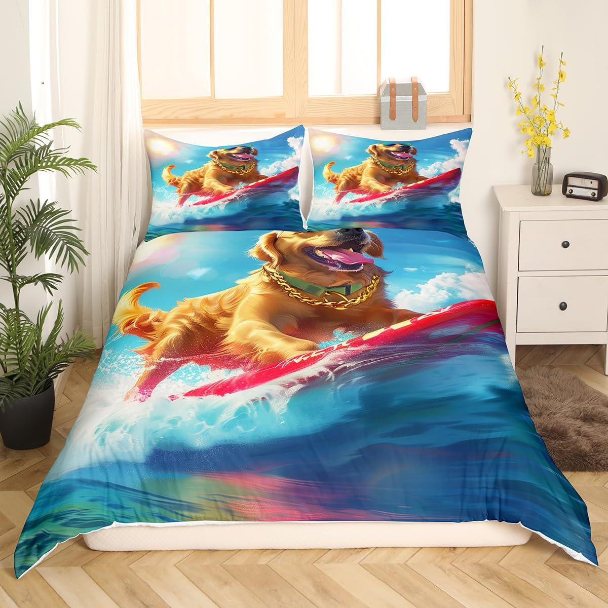 Feelyou Kids Ocean Duvet Cover Full Size, Cute Dog Animal Bedding Set Boys Girls Sea Beach Coastal Comforter Cover Cartoon Surfboard Teens Bedspread Cover Bedroom Decor 3Pcs Zipper(No Comforter)