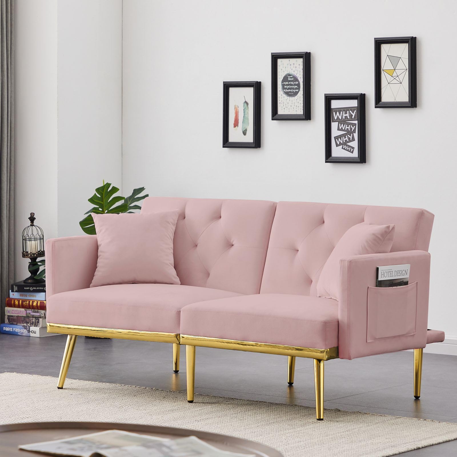 ROCKINGRUN 59'' Convertible Velvet Sofa Bed, Loveseat Sofa Bed with Metal Support Feet, Modern Comfy Loveseat Couch, Adjustable Backrest, Stylish Tufted Sofa Bed for Living Room, Bedroom (Pink)