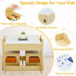 DOREROOM Kids Table and 2 Chair Set, Wooden Activity Table with Storage Drawer, 2 in 1 Detachable Tabletop, Toddler Table and Chairs Set for Drawing, Reading, Crafts, Play