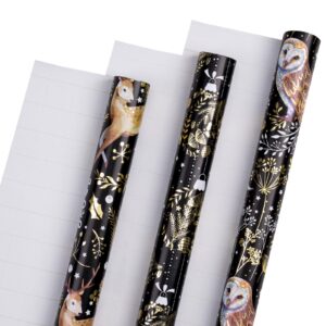 RUSPEPA Christmas Wrapping Paper Roll with Metallic Foil Shine - Mini Roll - 17 inches x 10 feet per Roll, Total of 3 Rolls - Owl, Reindeer and Christmas Ball