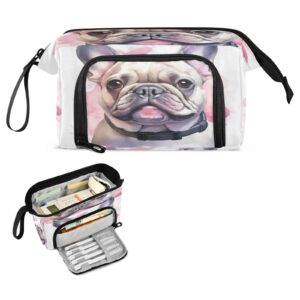 Emelivor French Smile Bulldog Pencil Case Large Capacity Pencil Pouch Bag with Compartmens Pen Bag Case Portable Stationery Bag Pencil Organizer for School Office Men Women Adults