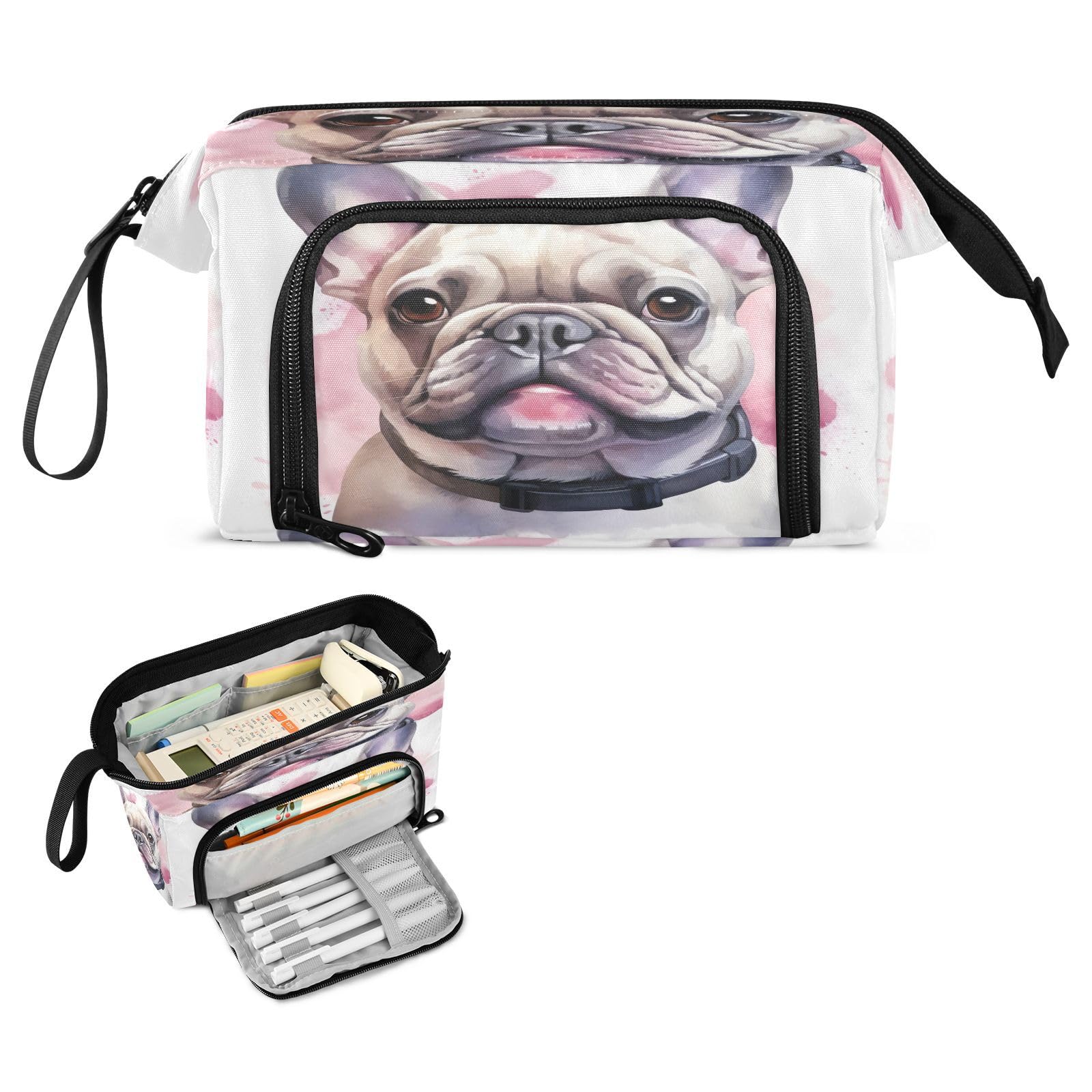 Emelivor French Smile Bulldog Pencil Case Large Capacity Pencil Pouch Bag with Compartmens Pen Bag Case Portable Stationery Bag Pencil Organizer for School Office Men Women Adults