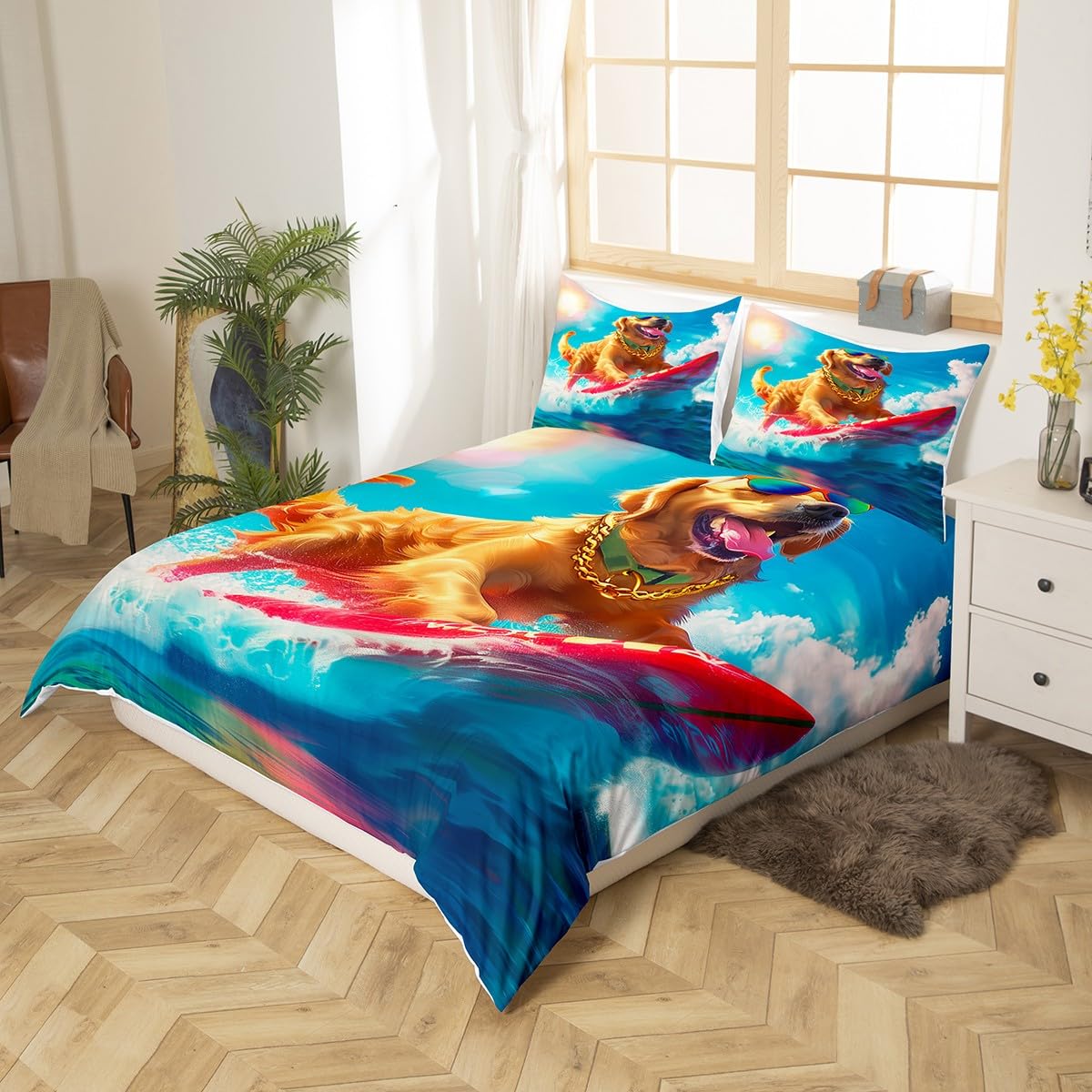 Feelyou Kids Ocean Duvet Cover Full Size, Cute Dog Animal Bedding Set Boys Girls Sea Beach Coastal Comforter Cover Cartoon Surfboard Teens Bedspread Cover Bedroom Decor 3Pcs Zipper(No Comforter)