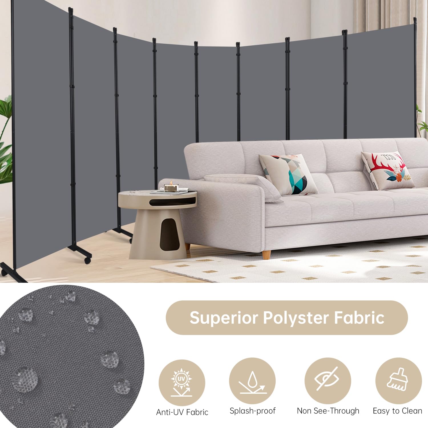 Room Divider 8 Panel Room Dividers/Wheels, Fabric Room Divider Panel for Office Room Partitions and Dividers, Portable Partition Wall Divider for Room Separation, Flexible Privacy Screen Indoor