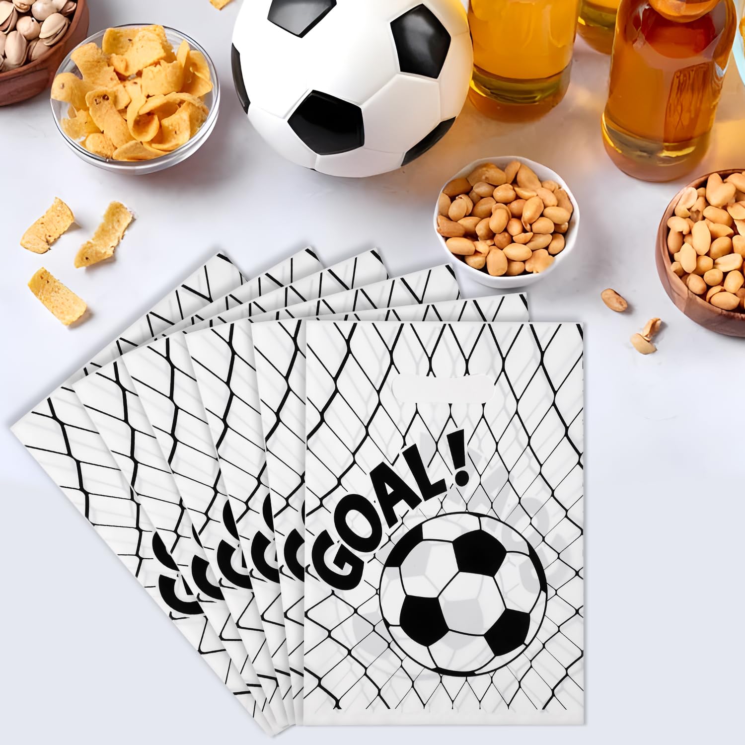 PEUTIER 50pcs Soccer Gift Bags, Plastic Soccer Goodie Goody Treat Snack Candy Bags Soccer Present Party Favor Bags Soccer Party Bags for Team Kids Teens Games Sports Events Supplies (White)