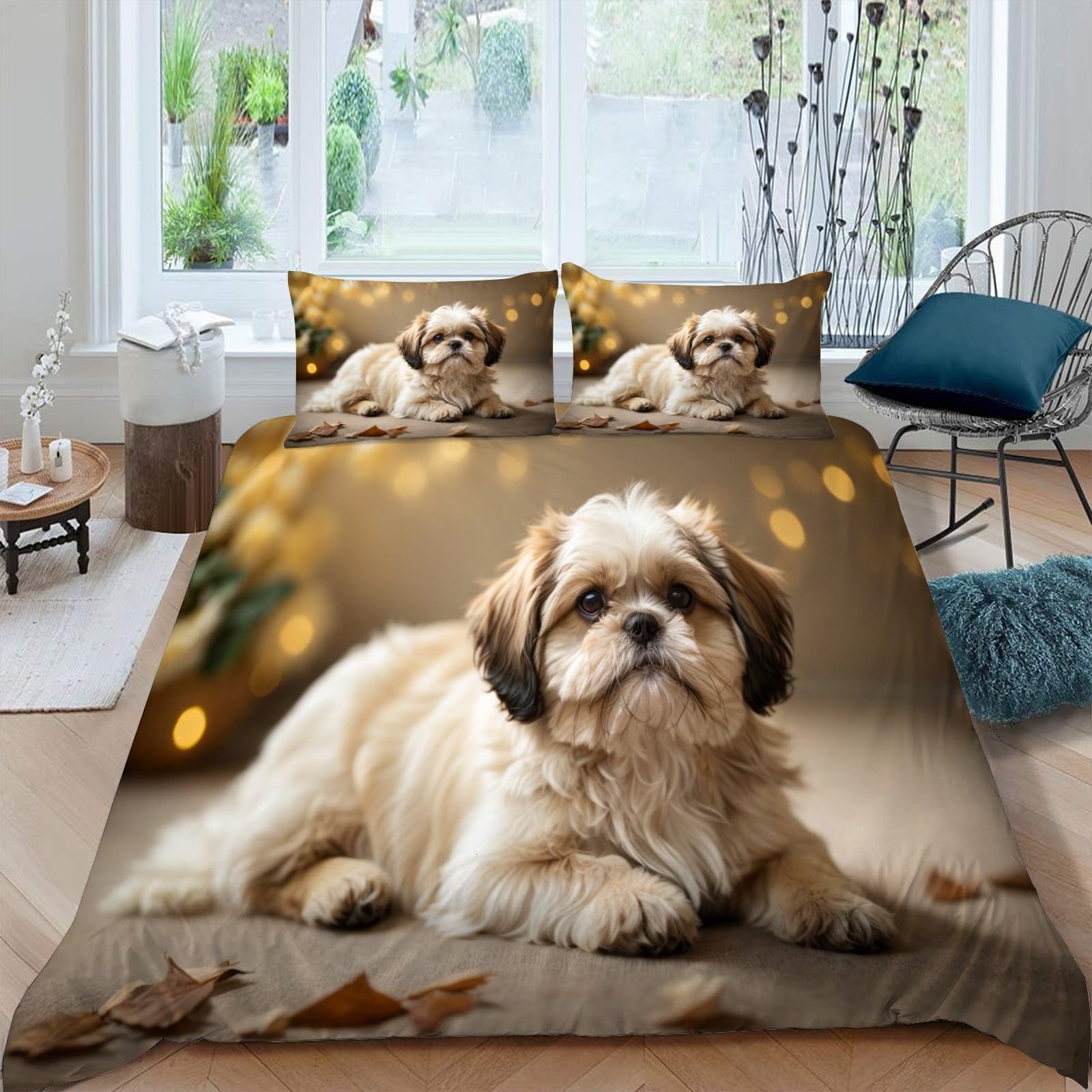 Shih Tzu Duvet Cover Queen Pets Duvet Covers Bedding Set 3 Pieces Textured Soft Microfiber Comforter Cover 90"x90" and 2 Pillow Shams, with Zipper Closure and Ties