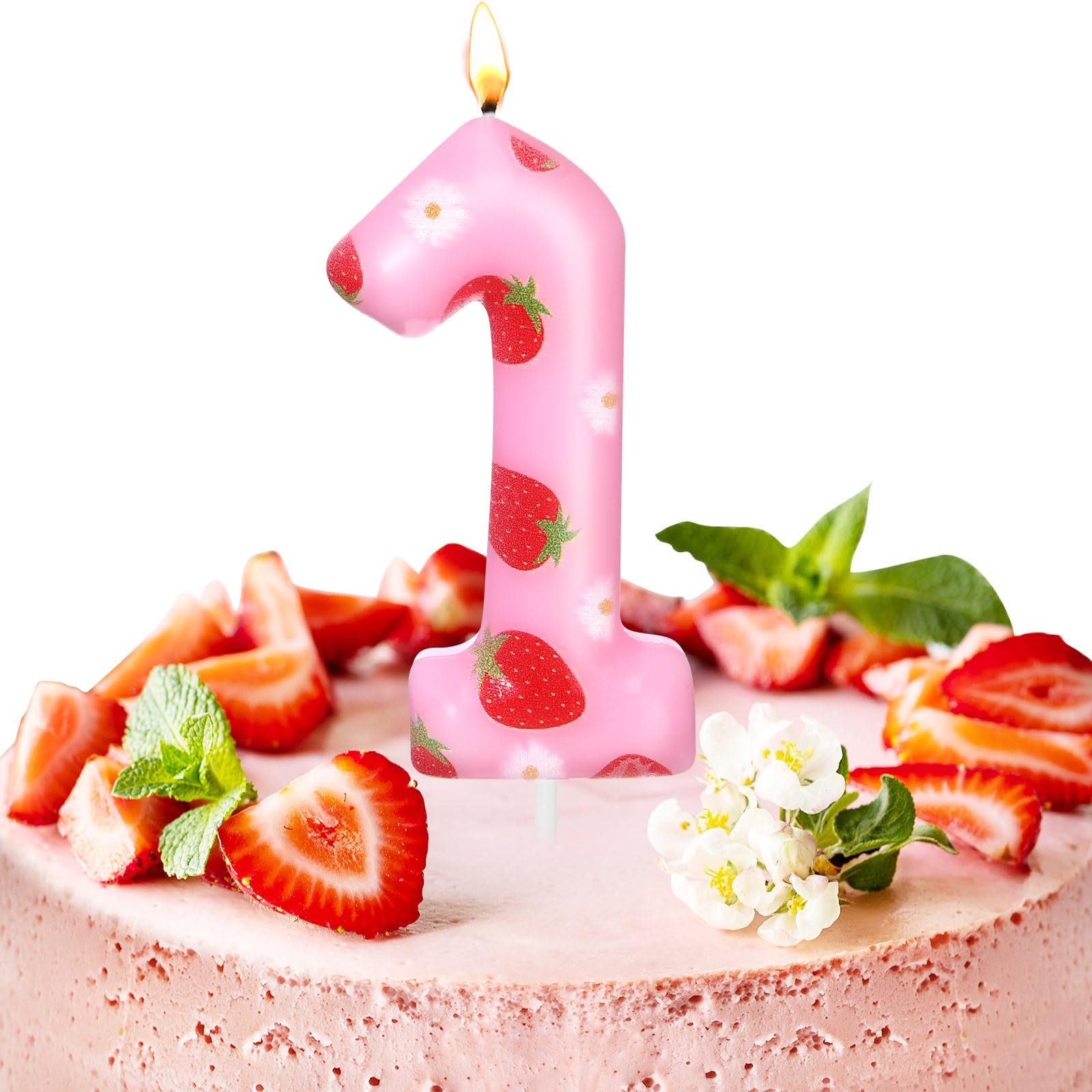 Conelist Berry 1st Birthday Number Candle Pink Cake Topper with Strawberry Happy Birthday Strawberry Cake Candle for Fruit Baby Shower Kids 1st Strawberry Theme Birthday Cake Decoration for Party