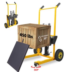 luminaliftcure foldable hydraulic material lift winch stacker with swivel wheels, 450lbs pallet forklift with 35" lift height, pallet truck dolly, pallet jack table cart, steel platform board x 1