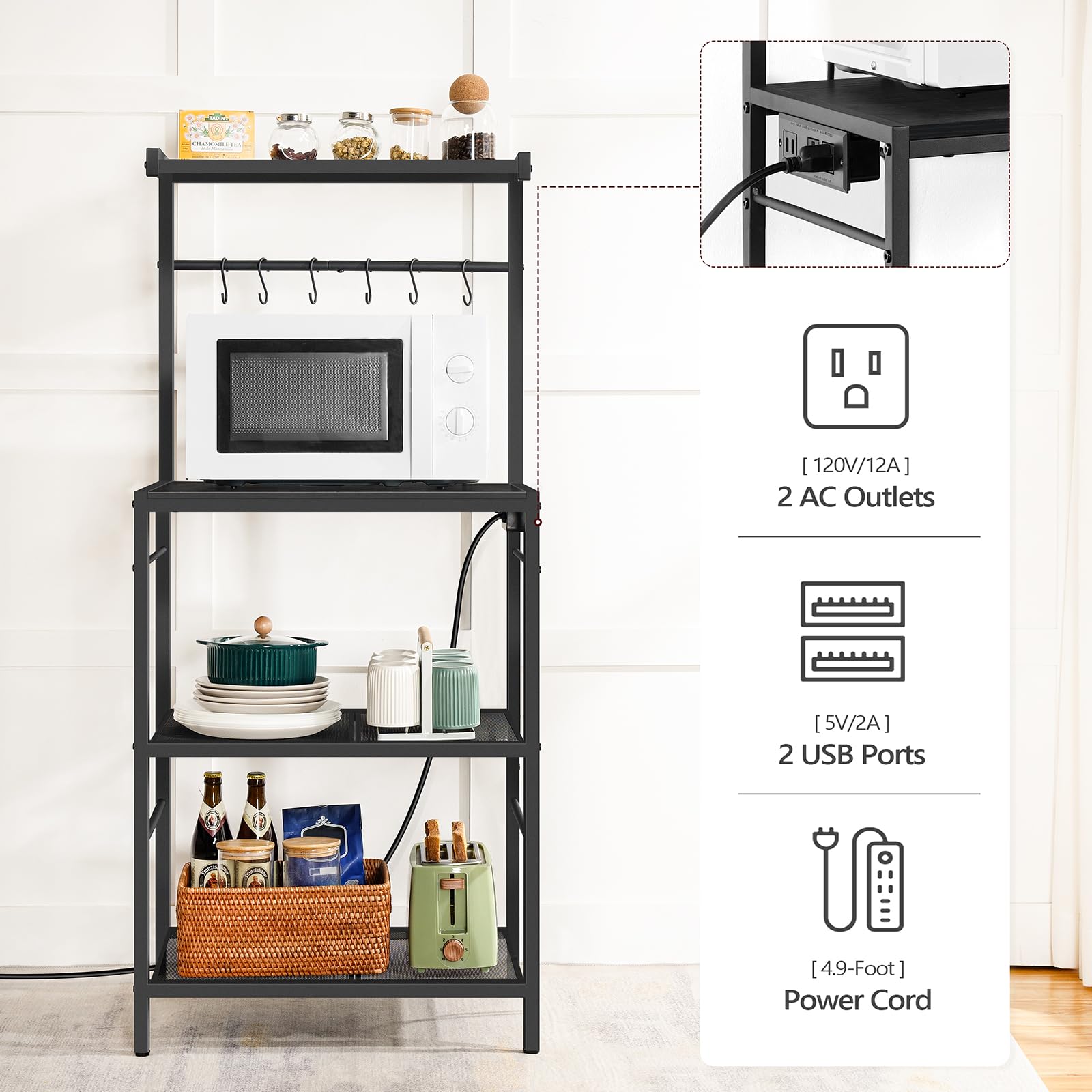 MAHANCRIS Bakers Rack with Charging Station, Microwave Stand with 6 S-Shaped Hooks, 4-Tier Storage Rack, Multifunctional Coffee Bar, for Kitchen, Dining Room, Charcoal Gray and Black BRHT35E01N1