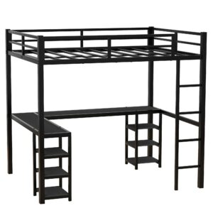 Loft Bed Full Size, Metal Loft Bed Frame with Desk and Storage Shelves, Heavy-Duty Kids Loft Beds with Ladder & L-Shape Desk for Boys Girls Teens, Black