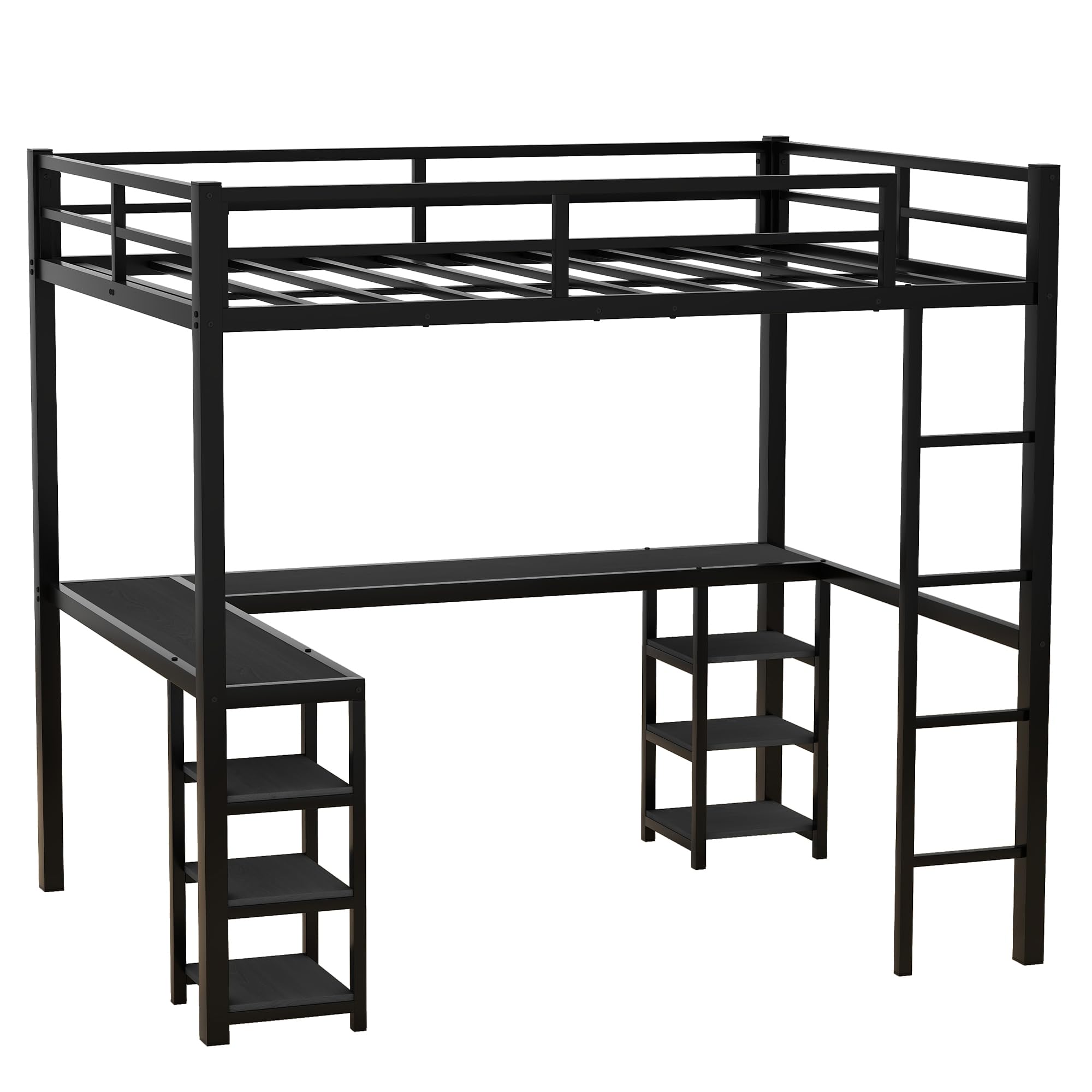 Loft Bed Full Size, Metal Loft Bed Frame with Desk and Storage Shelves, Heavy-Duty Kids Loft Beds with Ladder & L-Shape Desk for Boys Girls Teens, Black