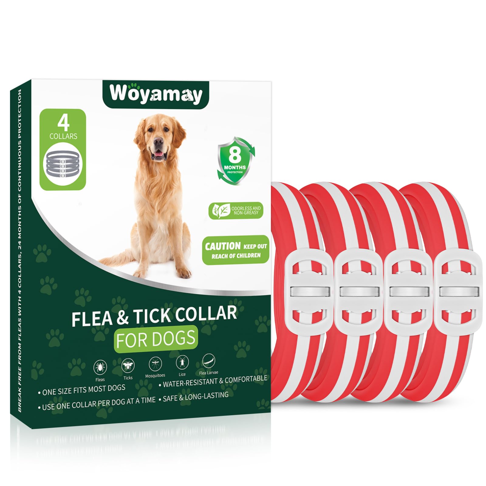 Woyamay 4 Pack Flea Collar for Dogs, 32 Months Flea and Tick Prevention for Dogs, Adjustable Flea and Tick Collar for Dogs, Dog Flea and Tick Collar, Water-Resistant Dog Flea Collars, Red & White