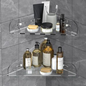 popbricks 2 pack acrylic corner shower shelves, clear adhesive shower caddy suction cup for tile walls, wall mounted bathroom shower shelf for inside shower & kitchen organizer storage