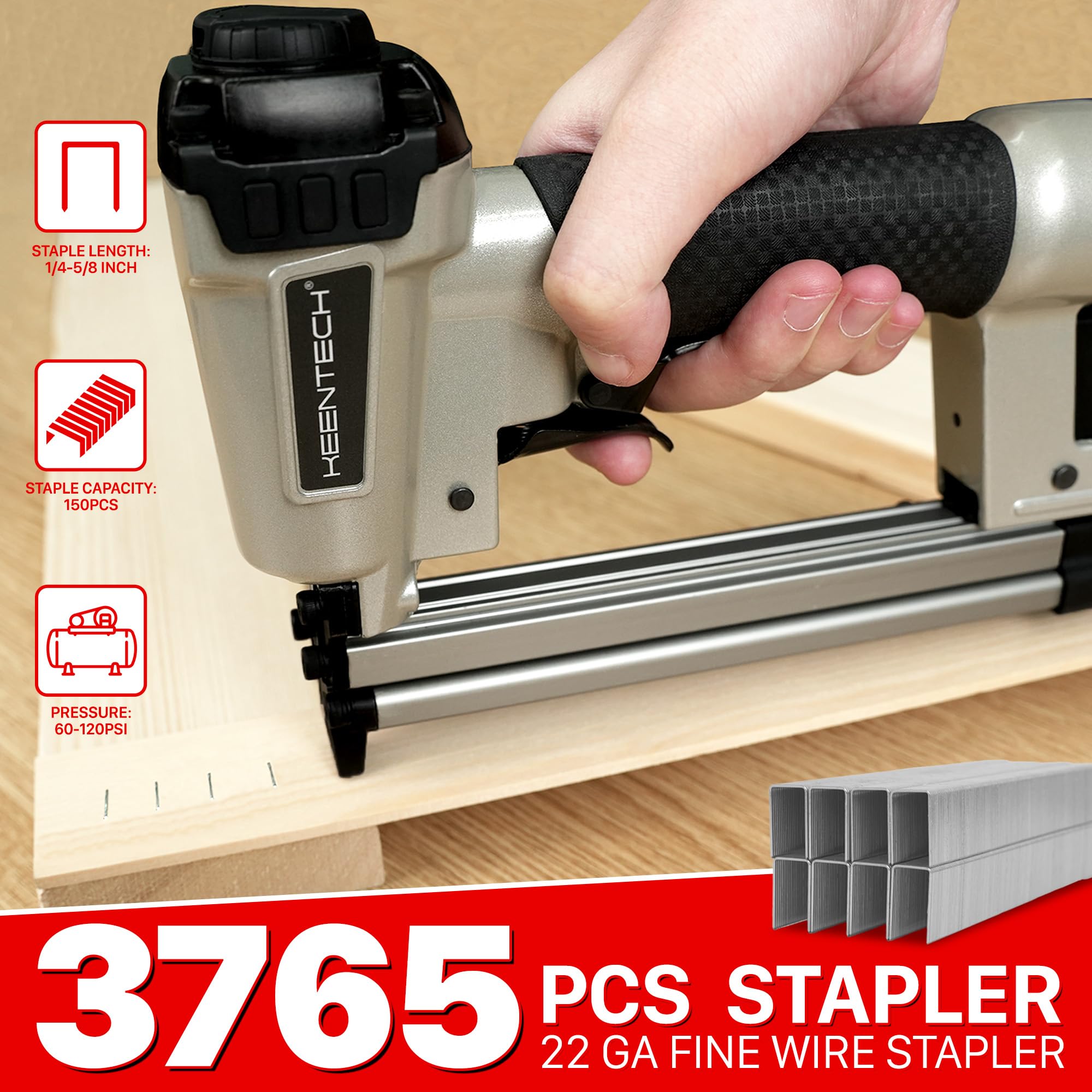 KEENTECH Pneumatic Staple Gun 22 Gauge, Air Upholstery Stapler with 3765pcs 3/8" Crown Staples 1/4"-5/8", Ready-to-Use Air Staple Gun with Staples, Safety Trigger, for Wood Furniture Fabric Leather