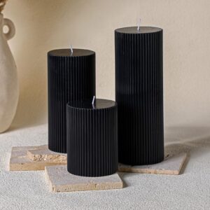 Conelist Ribbed Pillar Candles Set of 3, Width 3" High 4" 6" 8" Large Soy Wax Scented Pillar Candles Aesthetic Candles Ribbed Candles Modern Home Decor for Bathroom Living Room (Black)