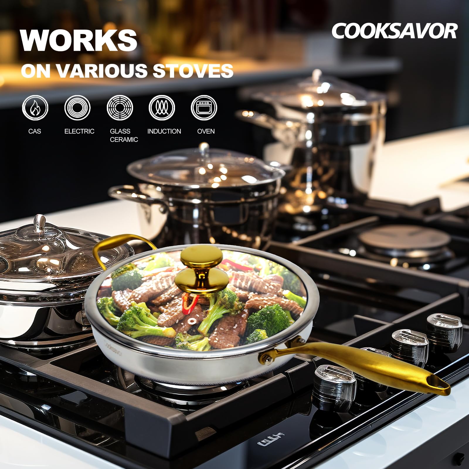 Cooksavor Hybrid Non Stick 12 inch Frying Pan with Lid, Stay-Cool Handle, PFOA-Free Cookware, Woks & Stir-fry Pans Nonstick, Dishwasher and Oven Safe