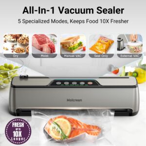 Vacuum Sealer Machine, Ultra Compact & Fully Automatic with Built-In Cutter, 85KPA High-Performance Food Vacuum Sealer, Dry & Moist Modes, 12-Inch Enhanced Seal Strip, Includes 15 Bags & Suction Hose