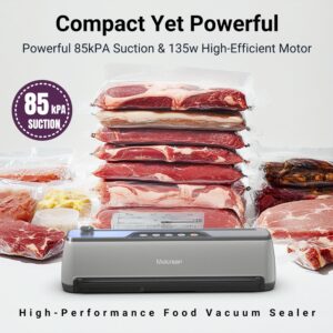 Vacuum Sealer Machine, Ultra Compact & Fully Automatic with Built-In Cutter, 85KPA High-Performance Food Vacuum Sealer, Dry & Moist Modes, 12-Inch Enhanced Seal Strip, Includes 15 Bags & Suction Hose